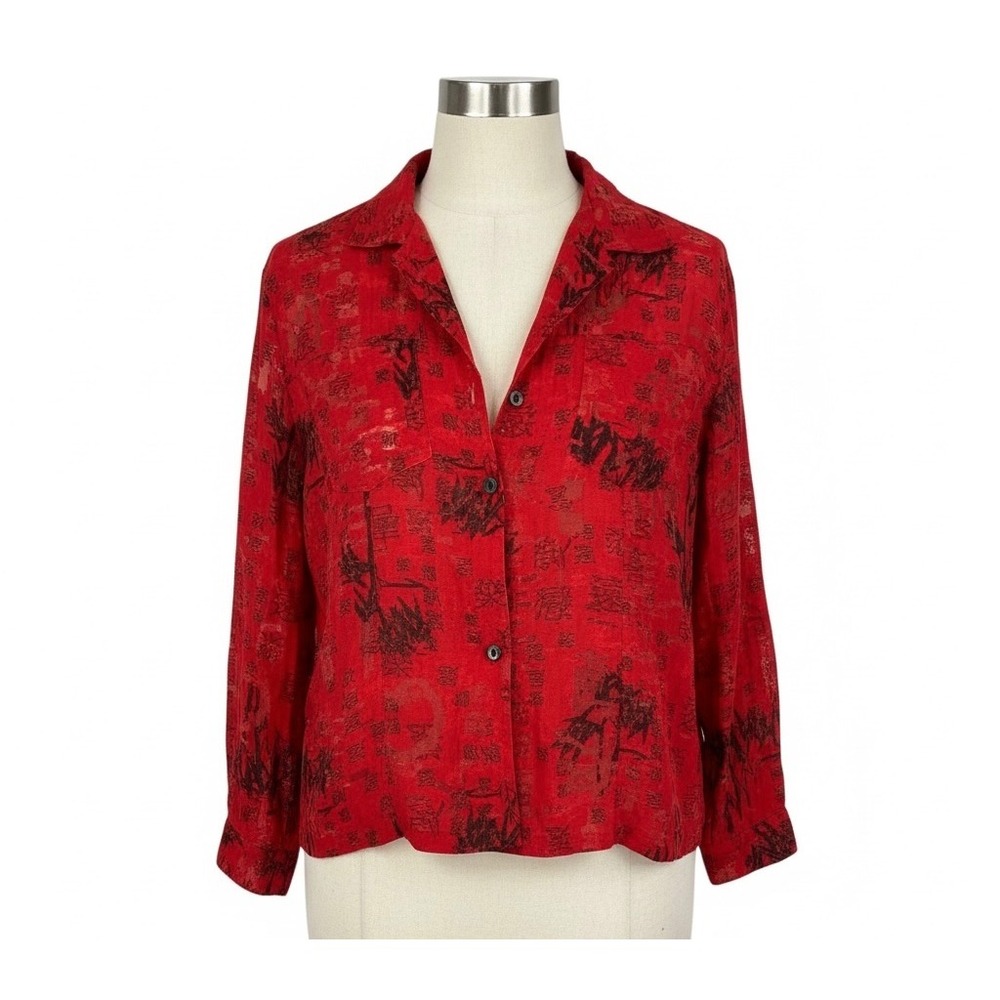 Chicos Design Red Asian Script‎ Button Up Shirt Blouse Medium Size 1